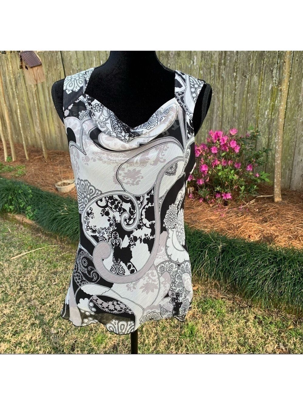Black Gray Boho Print Sleeveless Drape Neck Top